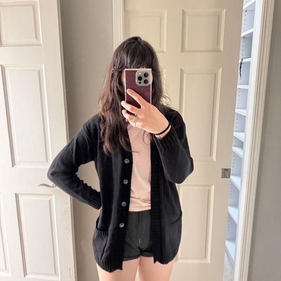 Saks Fifth Avenue Cardigan Sweater M Black 100% Extra Fine Merino Wool - Picture 6 of 6